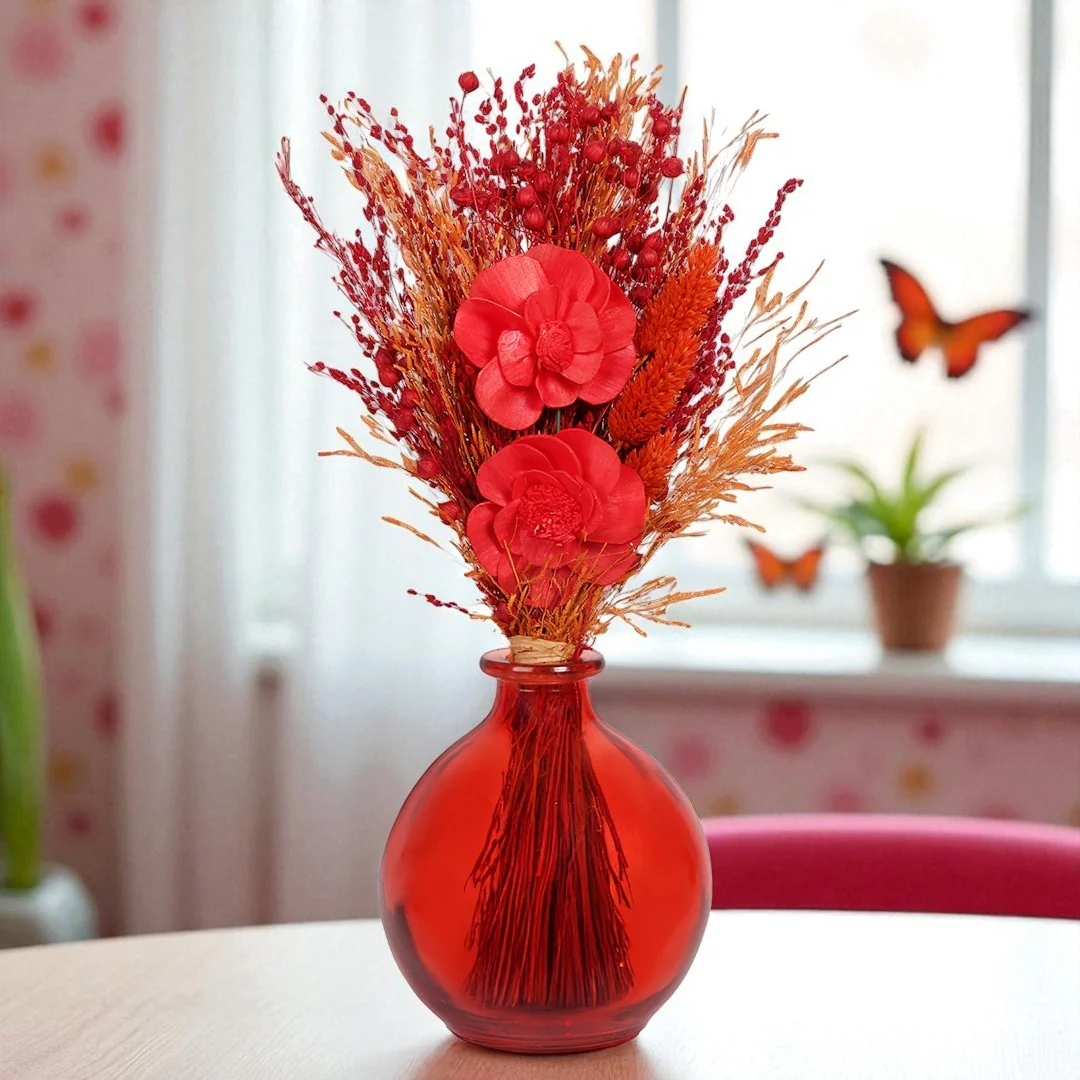 Crimson Blossom Round Vase with Flowers - Image 2