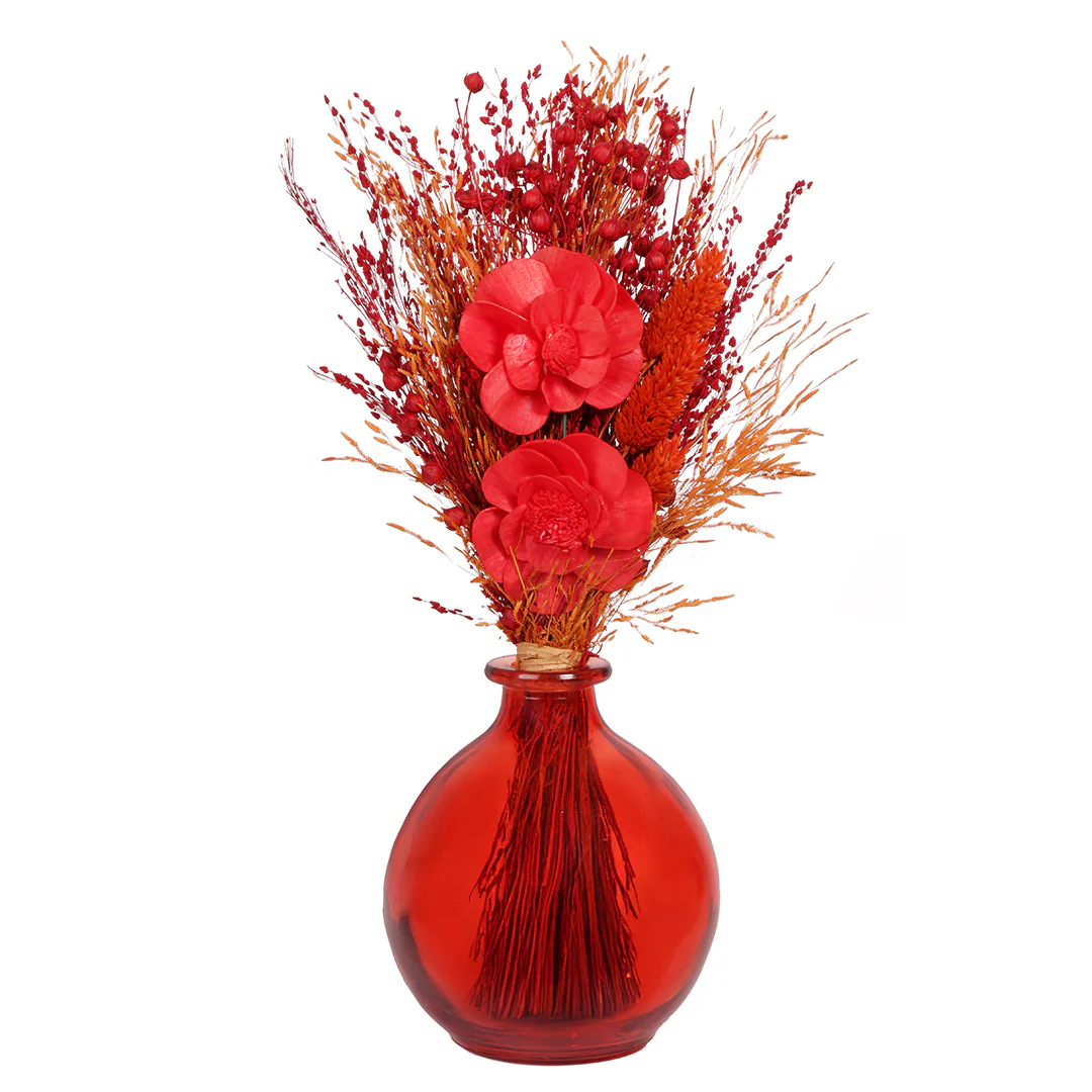 Crimson Blossom Round Vase with Flowers - Image 3